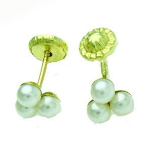 New 14 K Solid Yellow Gold 3 Pearls Stud Earrings